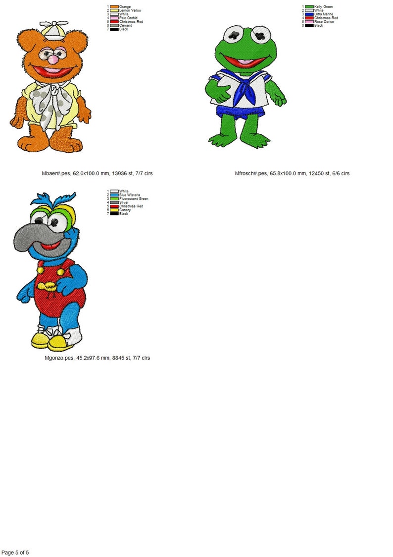May include: Three embroidered character designs: a brown bear wearing a yellow shirt and a white scarf, a green frog wearing a blue and white sailor shirt, and a blue bird wearing a red shirt and yellow shoes.