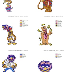 May include: Four embroidered designs featuring characters from Sesame Street. The designs include Cookie Monster, Elmo, Bert, and Ernie. The designs are in various colors, including blue, red, yellow, and green. The designs are approximately 60 x 80 mm in size.