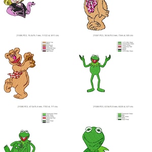 May include: Five embroidery designs featuring characters from the Muppets. The designs include Miss Piggy, Fozzie Bear, Kermit the Frog, and Animal. The designs are in various colors, including green, brown, pink, and red.