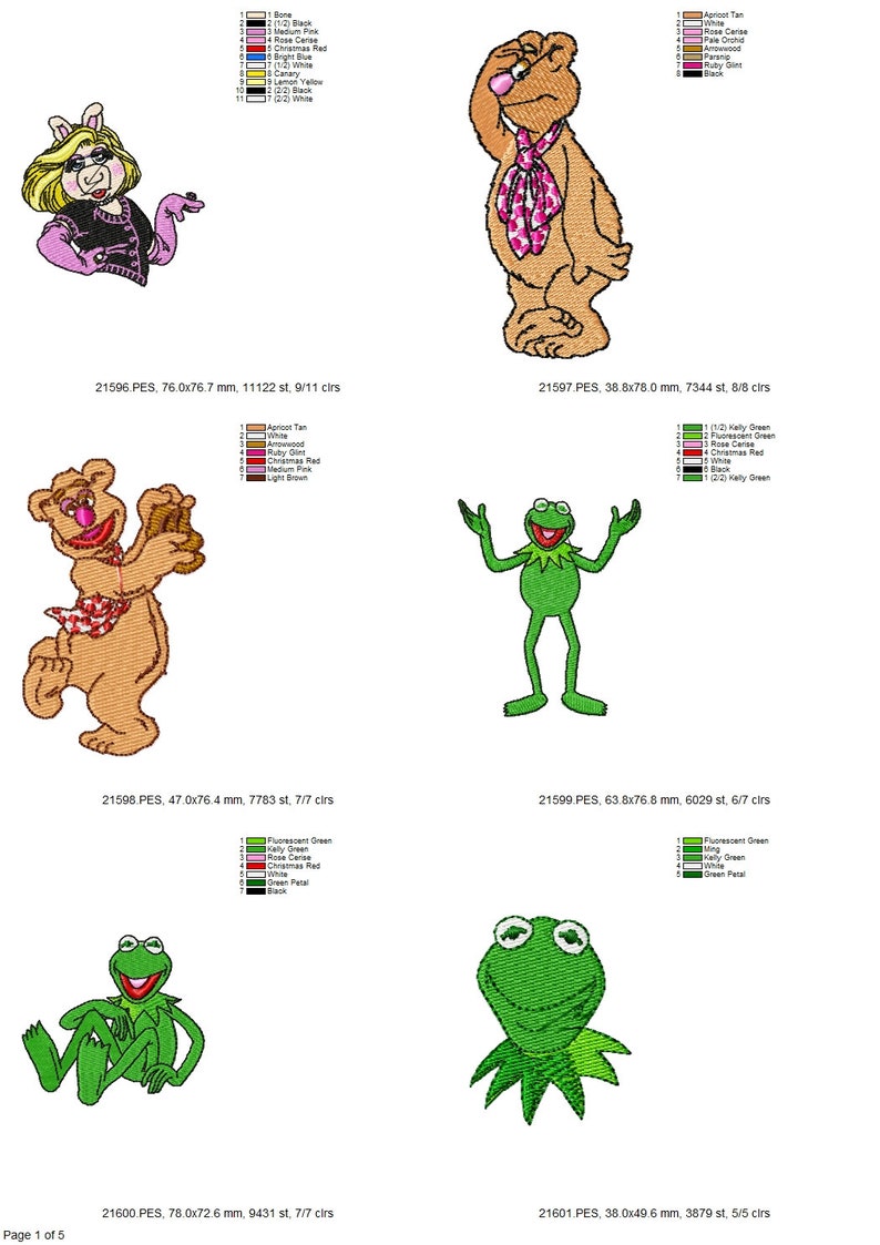 May include: Five embroidery designs featuring characters from the Muppets. The designs include Miss Piggy, Fozzie Bear, Kermit the Frog, and Animal. The designs are in various colors, including green, brown, pink, and red.