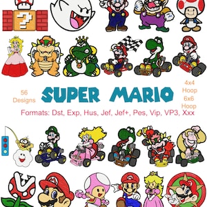 スーパーマリオの機械刺繍デザイン、56 のデザイン、マリオ刺繍、マリオカート刺繍、ルイージ、クッパ、ピーチ姫、即時ダウンロード