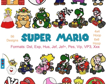 Super Mario Machine Embroidery Designs, 56 Designs, Mario Embroidery, Mario Kart Embroidery, Luigi, Bowser, Princess Peach, Instant Download