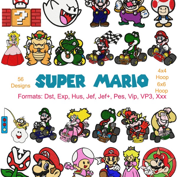 Super Mario Stickdatei, 56 Designs, Mario Kart Stickdatei, Luigi, Fliege, Prinzessin Pfirsich, Instant Download