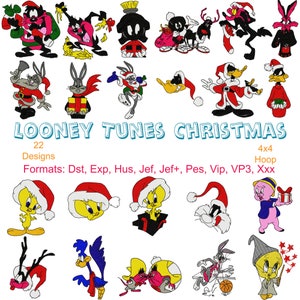 Peut inclure: Une collection de 22 motifs de broderie sur le thème de Noël mettant en scène des personnages de Looney Tunes. Les motifs sont disponibles en taille de cerceau 4x4 et dans divers formats, notamment Dst, Exp, Hus, Jef, Jef+, Pes, Vip, VP3 et Xxx.