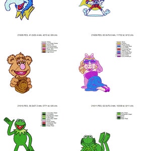 May include: Five embroidered designs featuring characters from the Muppets. The designs include a blue bird with a long nose, a red, white, and blue character with a cape, a brown bear holding a cookie, a pink pig wearing sunglasses and a blue dress, and two green frogs.