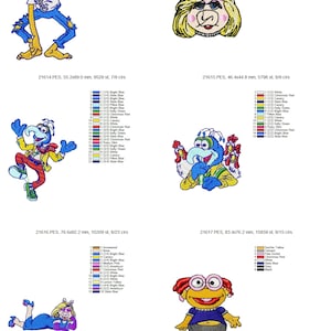 May include: Five embroidered designs featuring characters from the Muppets. The designs include Miss Piggy, Animal, Gonzo, Fozzie Bear, and a character with a blue shirt and a red hat. The designs are all in different poses and have different colors.
