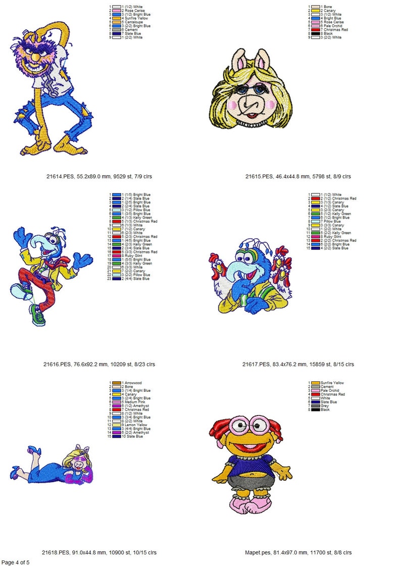 May include: Five embroidered designs featuring characters from the Muppets. The designs include Miss Piggy, Animal, Gonzo, Fozzie Bear, and a character with a blue shirt and a red hat. The designs are all in different poses and have different colors.