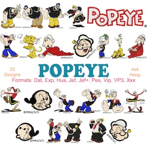 Popeye Embroidery Machine Files, 23 disegni, 4 pollici cerchio, Olive Oyl, Poopdeck Pappy, Wimpy, Bluto, Brutus, Instant Download