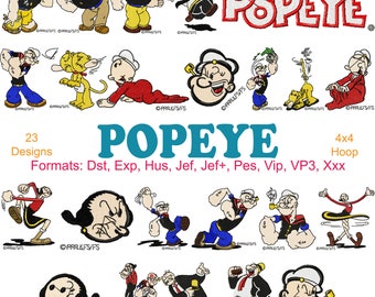 Popeye Embroidery Machine Files, 23 Designs, 4 Inch Hoop, Olive Oyl, Poopdeck Pappy, Wimpy, Bluto, Brutus, Instant Download