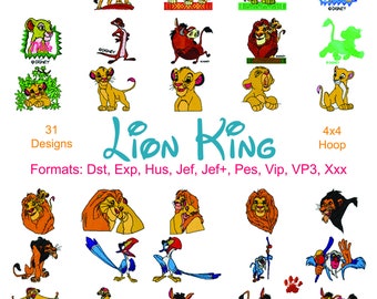 Lion King Machine Embroidery Files, 31 Designs, Instant Download, Lion Embroidery, 4 Inch Hoop, Pes, Hus, Jef, Dst, Exp, Jef+, Vip, Vp3, Xxx