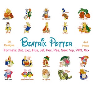 Beatrix Potter Machine Borduurwerk, 20 Ontwerpen, Peter Rabbit, Storybook Character, Tom Kitten, Flopsy, Mopsy, Jemima, Instant Download