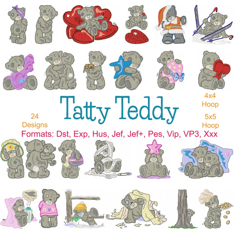 Tatty Teddy Embroidery Machine, 24 Designs, Teddy Bear, Valentines, Holiday, Tatty Bear, 4 Inch Hoop, Instant Download image 1