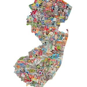 Może przedstawiać: Kolorowa ilustracja stanu New Jersey, wypełniona różnymi obrazami i tekstem. Grafika zawiera loga, portrety i zabytki, tworząc efekt kolażu. Podpis artysty i rok 2026 są widoczne na dole.