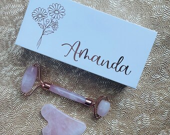 Personalized Set of Rose Quartz Face Roller and Guasha  | Gift for Mom, Daughter or Friends | Personalized Self Care Gift