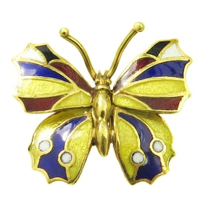 18k Yellow Gold Vintage Butterfly Brooch Pin With Multi Color Enamel