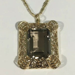 14k Yellow Gold Vintage Estate Jewelry Smoky Topaz Stone Pendant With Chain