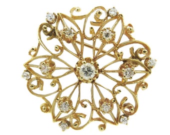 14k Yellow Gold Antique Estate Jewelry Brooch Pin With Intricate Filigree Design & Diamonds