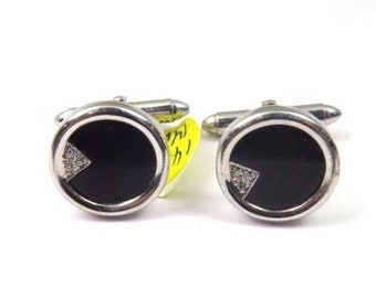 14k White Gold Round Cufflinks With Diamonds And Black Onyx
