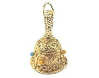 14k Yellow Gold Vintage Estate Jewelry 3D Butler's Wedding Bell Charm Pendant With Color Stones
