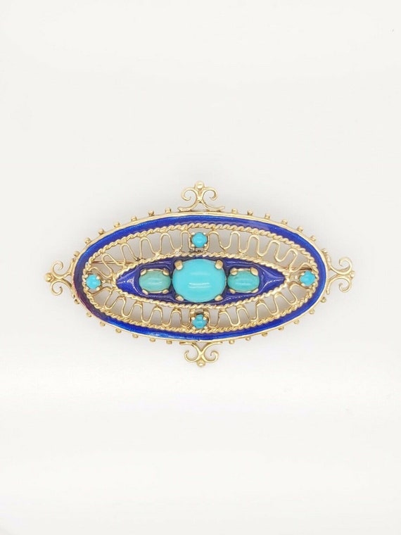 14k Yellow Gold Antique Brooch Pin With Enamel & … - image 1