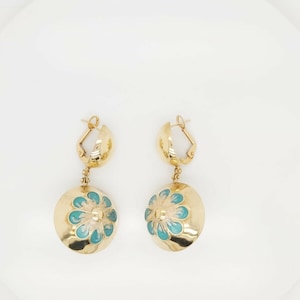 18k Yellow Gold Antique Dangling Earrings With Enamel Flower