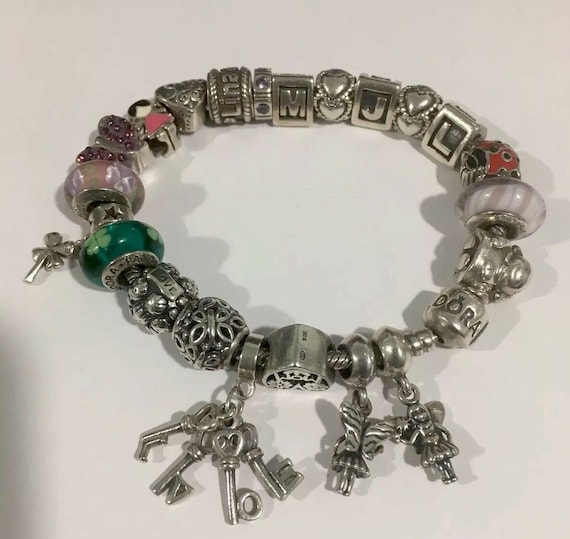 Pandora Silver Bracelet With 22 Original Initials Love Key Mom Ale Charms Etsy
