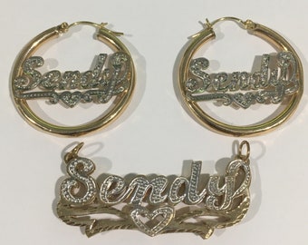 14k Two Tone Gold Sendy Nameplate With Matching Diamond Nameplate Hoop Earrings