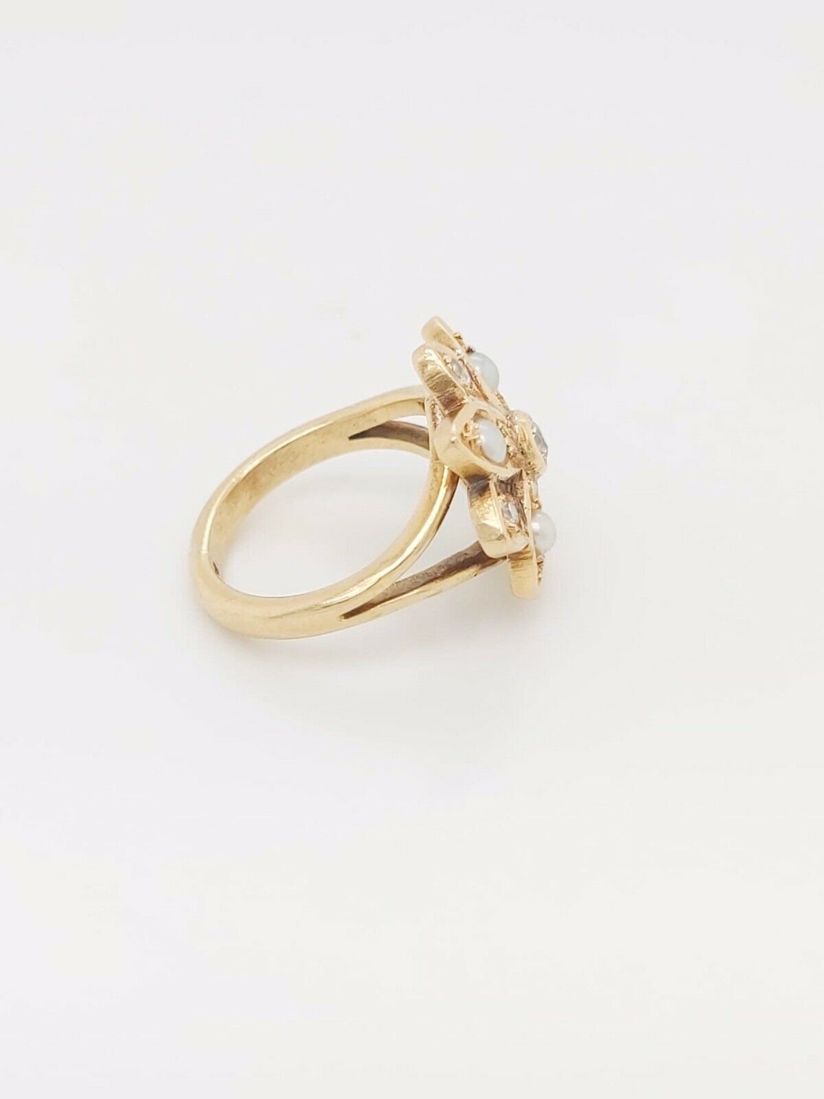 Bague Antique Italienne En Or 18k - Motif Fleur Et Feuille De Lierre - Sertie D'une Perle Naturelle - Taille 53