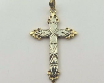 10k Two Tone Gold Cross Pendant With Heart Design