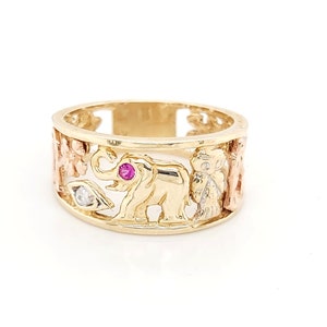 14k Tri Color Gold Good Luck Claddagh Ring With Color Stones & Symbols