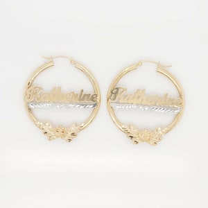 14k Two Tone Gold Katherine Nameplate Hoop Earrings