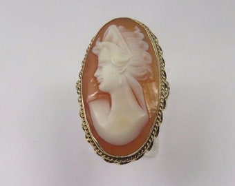 14k Yellow Gold Vintage Estate Jewelry Oval Shape Cameo Shell Women's Ring