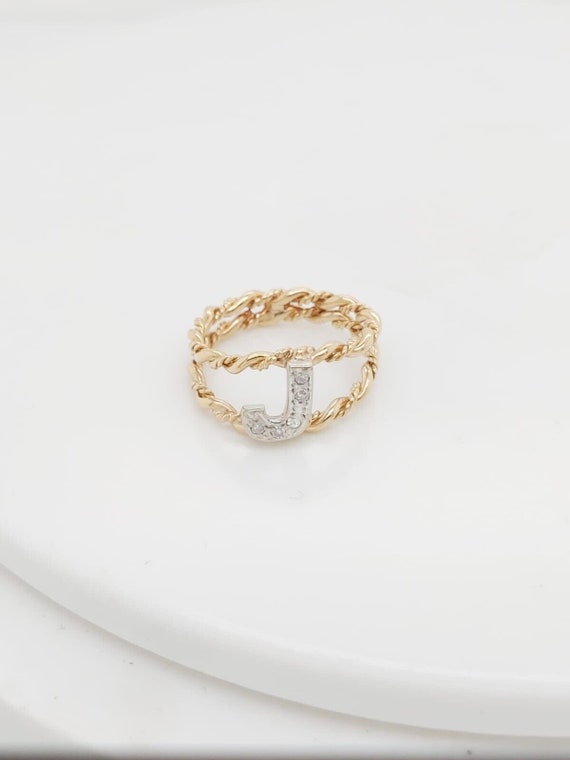 14k Two Tone Gold Diamond Initial J Dainty Ring