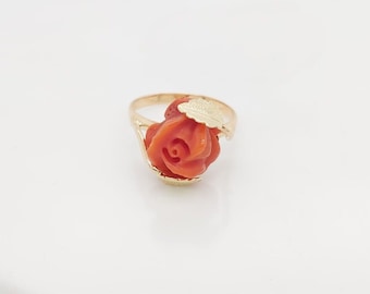 18k Yellow Gold Vintage Rose Shape Coral Flower Ring