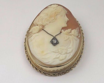 14k Yellow Gold Vintage Estate Jewelry Brooch Pin Pendant With Women's Portrait Cameo Shell