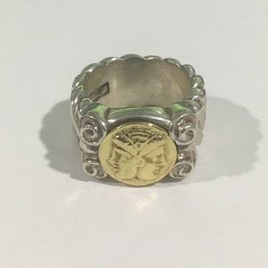Anello largo vintage in argento sterling e oro giallo 18k con immagine di soldato