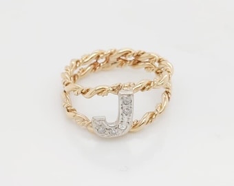 14k Two Tone Gold Diamond Initial J Dainty Ring