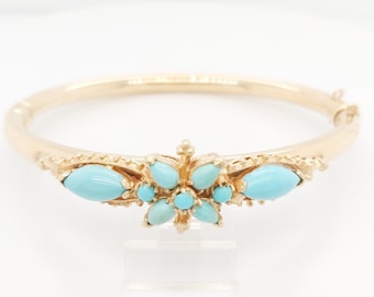 14k Yellow Gold Vintage Women's Bangle Bracelet With Turquoise Stones