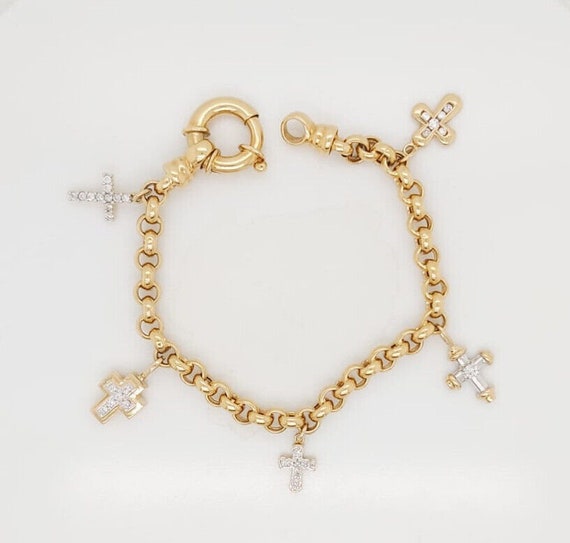 18k Yellow Gold Charm Bracelet With Diamond Cross… - image 1