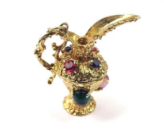 14k Yellow Gold Vintage Estate Jewelry 3D Pitcher Charm Pendant With Multi Color Stones
