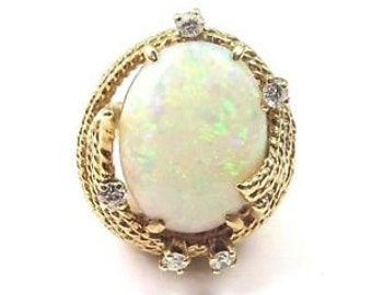 14k Yellow Gold Vintage Estate Jewelry Women's Cocktail Ring With Opal And Diamonds