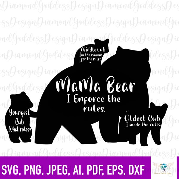 Mama Bear & three Cubs svg, Mom Svg, Mom To Be svg, Family Shirts Iron On, Family Rules SVG, Cut Files for Cricut, Silhouette, PNG, EPS