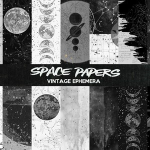 B&W Space Papers | Vintage Ephemera | DIGITAL DOWNLOAD | Scrapbooking l | Junk Journal | Digital Paper | Astronomy | Stars | Moon | Collage