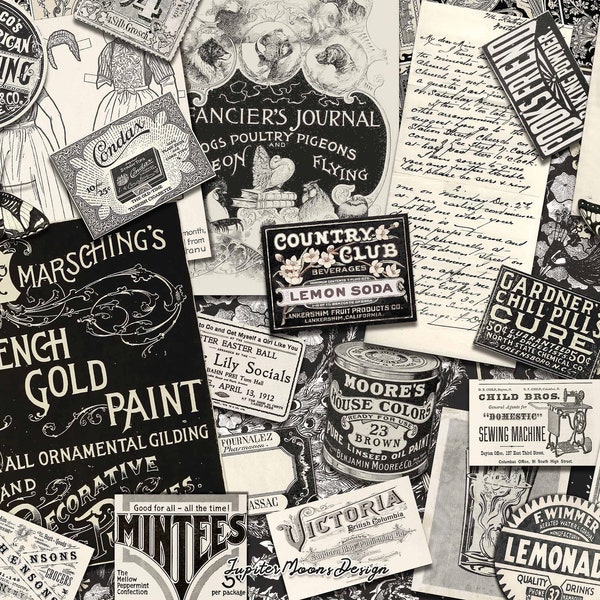 Black and White Vintage Ephemera | DIGITAL DOWNLOAD | Junk Journal | Journaling | Printable Kit | Scrapbook | Collage Sheets | Tags | Retro