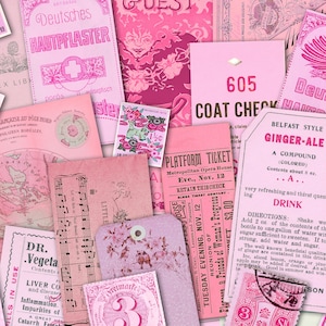 Pink Vintage Ephemera | CYFROWE POBIERANIE | Junk Journal | Prowadzenie dziennika | Pastel | Zestaw do druku | Album ze zdjęciami | Arkusze kolażu | Tagi | Retro