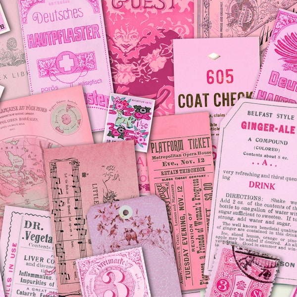 Pink Vintage Ephemera | DIGITAL DOWNLOAD | Junk Journal | Journaling | Pastel | Printable Kit | Scrapbook | Collage Sheets | Tags | Retro