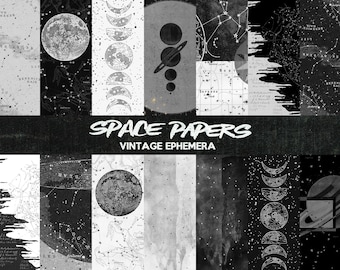 B&W Space Papers | vintage Ephemera | TÉLÉCHARGEMENT NUMÉRIQUE | Scrapbooking l | Journal indésirable | | papier numérique Astronomie | Stars | Lune | Collage