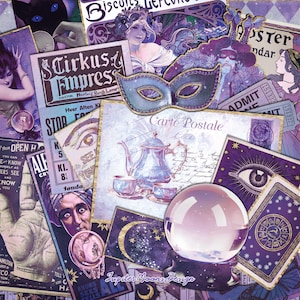 Efímera de adivina mística / DESCARGA DIGITAL / Diario vintage morado y dorado / Hojas de collage imprimibles para álbumes de recortes / Papeles de brujas