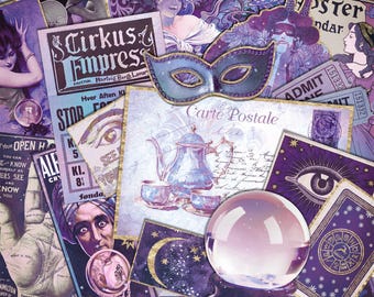 Effimere di cartomante mistico / DOWNLOAD DIGITALE / Diario vintage viola e oro / Fogli di collage stampabili per scrapbooking / Carte stregonesche