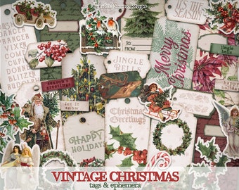 Etichette regalo di Natale vintage e materiale effimero / DOWNLOAD DIGITALE / Kit diario spazzatura / Carte collage per le vacanze invernali / Decorazione di abbellimento natalizio